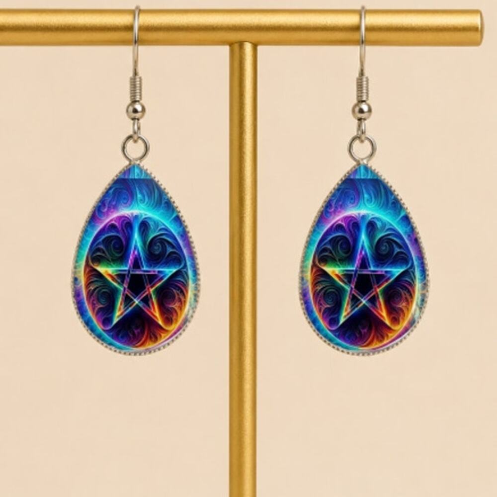 Pentagram Cabochon Teardrop Earrings Pentacle Dark Colors Witchy